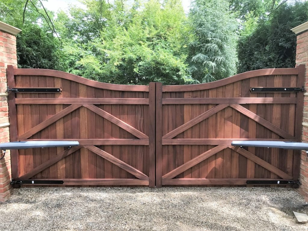 Hardwood Inverted Bow Top Gates with above ground automation Tarmec & Croft 01787 224848