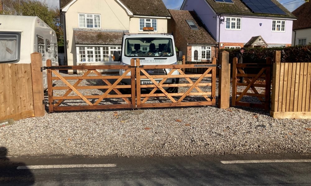 5 Bar Gates with solid bottom rail and matching pedestrain gate at an angle treated softwood Tarmec and Croft (1)